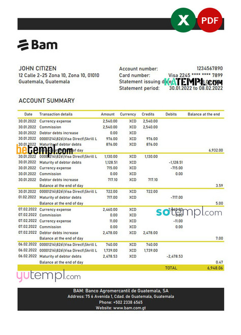 Guatemala Agromercantil bank statement Excel and PDF template