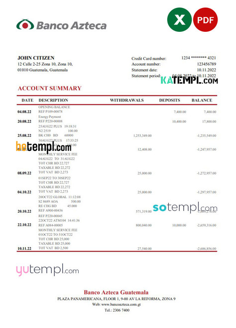 Guatemala Azteca bank statement Excel and PDF template