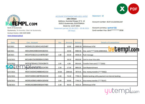 Guatemala Banco de Guatemala bank statement easy to fill template in Excel and PDF format
