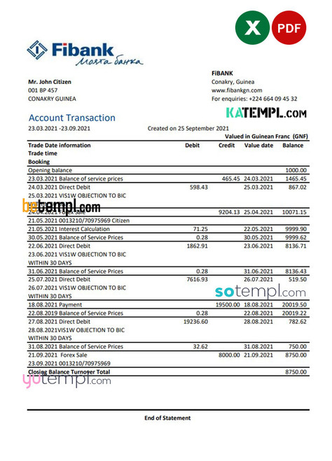 Guinea Fibank bank statement template in .xls and .pdf file format