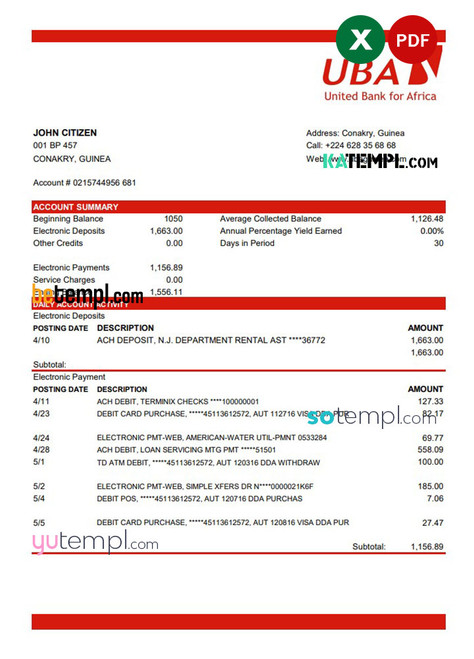 Guinea UBA Bank statement template in Excel and PDF format