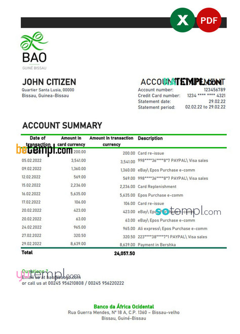 Guinea-Bissau Banco da Africa Ocidental bank statement Excel and PDF template