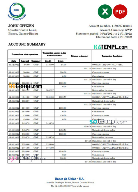 Guinea-Bissau Banco da Uniao bank statement Excel and PDF template
