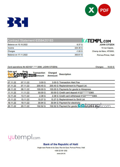 Haiti BRH bank statement Excel and PDF template
