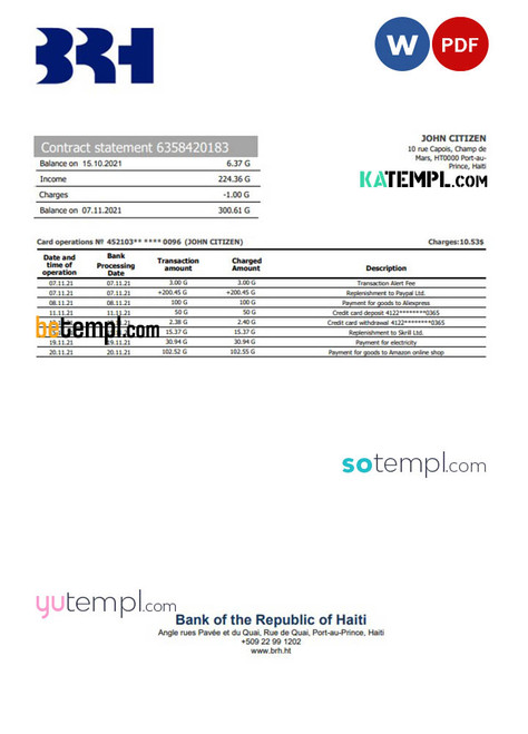 Haiti BRH bank statement template in Word and PDF format