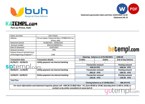 Haiti BUH bank statement template in Word and PDF format