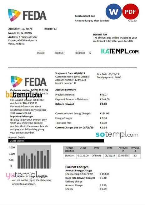 Andorra ELECTRIC FORCES OF ANDORRA utility bill template in Word and PDF format