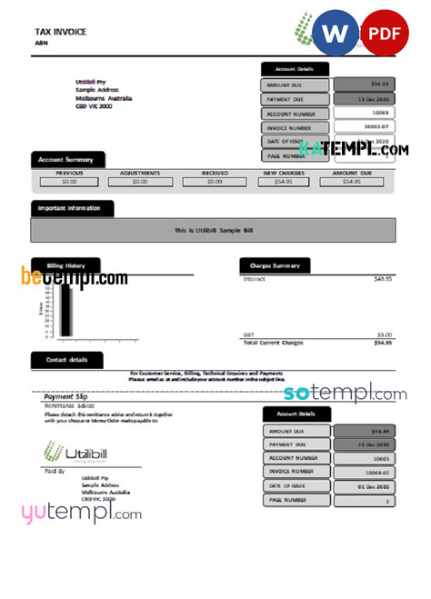 Australia Utilibill easy to fill template in Word and PDF format (.doc and .pdf)