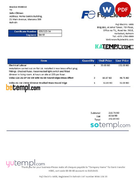 Bahrain Falcon Electrical S.P.C electricity utility bill template in Word and PDF format