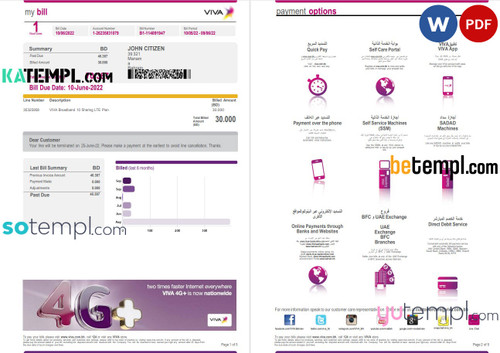 Bahrain Viva my utility bill Word and PDF template, 5 pages