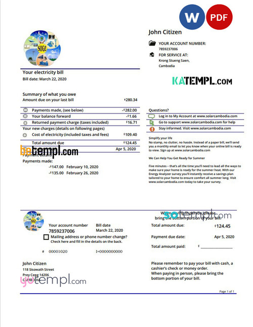 Cambodia Solar Green Energy Cambodia Co utility bill template in Word and PDF format