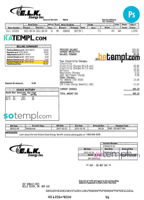 Canada ELK energy utility bill template, fully editable in PSD format