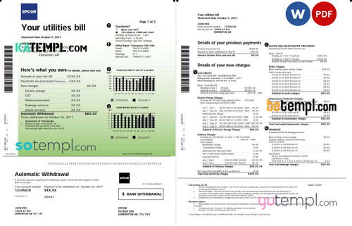 Canada Epcor electricity utility bill template in Word and PDF format, 3 pages