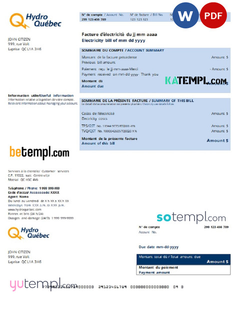 Canada Hydro-Québec utility bill template in .doc and .pdf format
