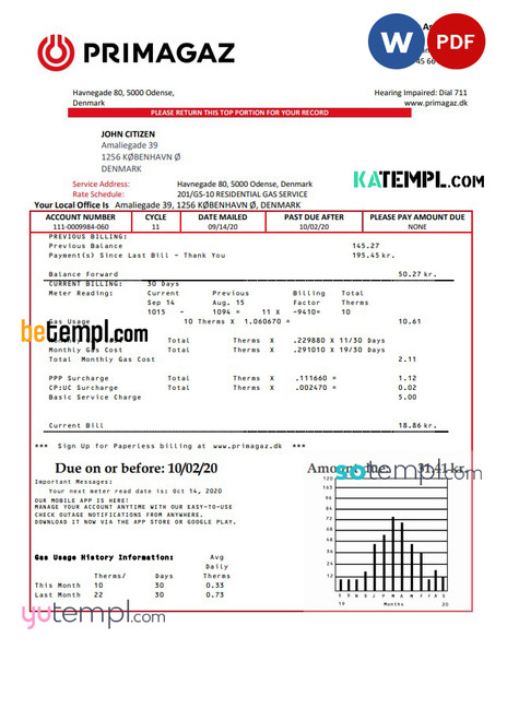Denmark Primagaz Denmark gas utility bill template in Word and PDF format