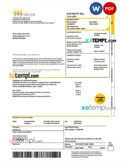Finland HELEN utility bill template in Word and PDF format