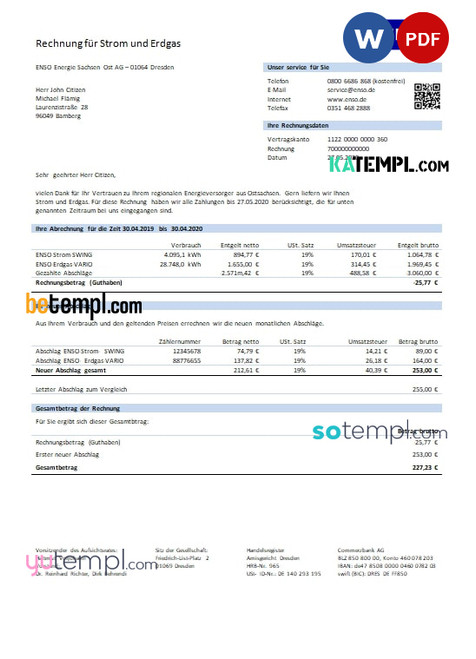 Germany ENSO rechnung für strom und erdgas utility bill template in Word and PDF format