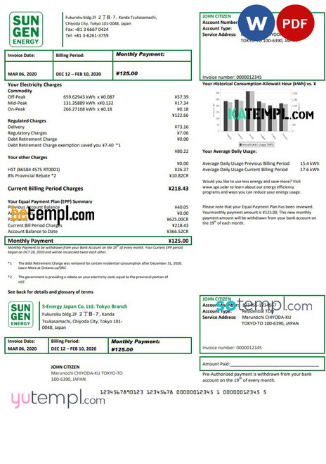 Japan S-Energy Japan Co. Ltd. Tokyo Branch utility bill template in Word and PDF format