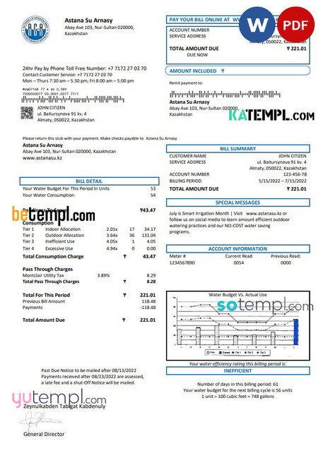Kazakhstan Astana Su Arnasy utility bill template in Word and PDF format (.doc and .pdf)