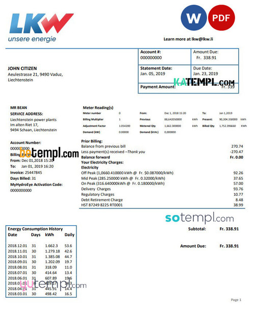 Liechtenstein Ische Kraftwerke (LKW) electricity utility bill template in Word and PDF format
