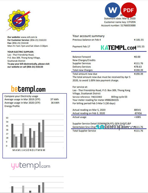 Laos Electricite du Laos electricity utility bill template in Word and PDF format