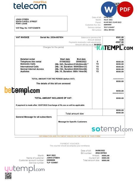 Mauritius Telecom Mauritius utility bill template in Word and PDF format