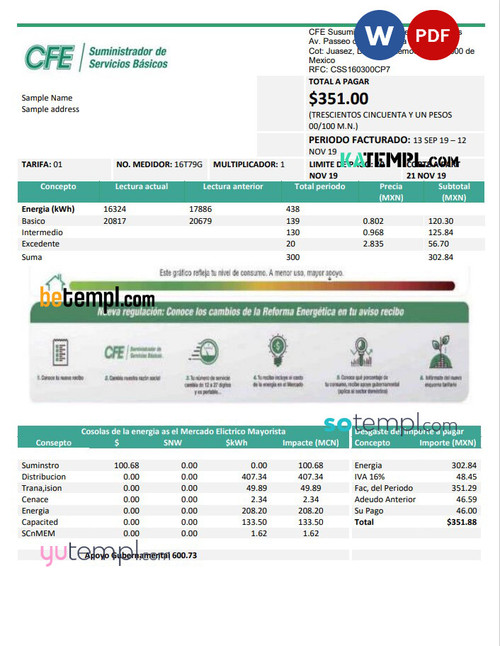Mexico Federal Electricity Commission (CFE) utility bill template in Word and PDF format, fully editable