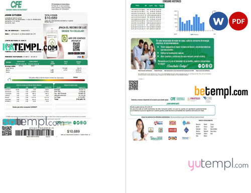 Mexico Federal Electricity Commission (CFE) utility bill template in Word format, 2 pages