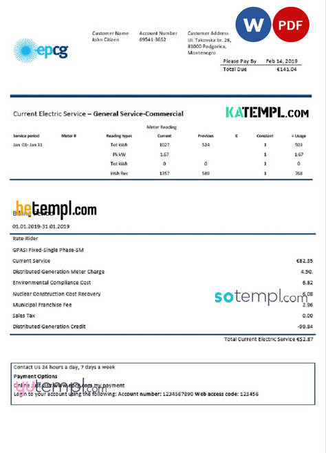 Montenegro Elektroprivreda Crne Gore (EPCG) electricity utility bill template in Word and PDF format