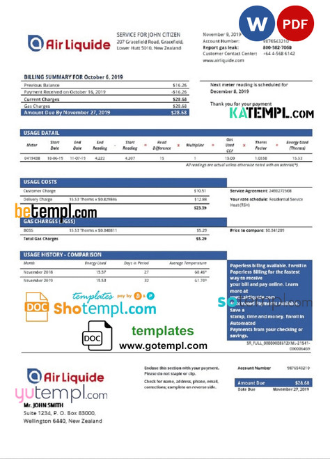 New Zealand Air Liquide gas utility bill template in Word and PDF format