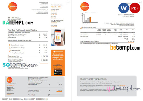 New Zealand Genesis Gas utility bill template in Word and PDF format, 3 pages