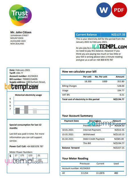 New Zealand Trustpower utility bill template in Word and PDF format