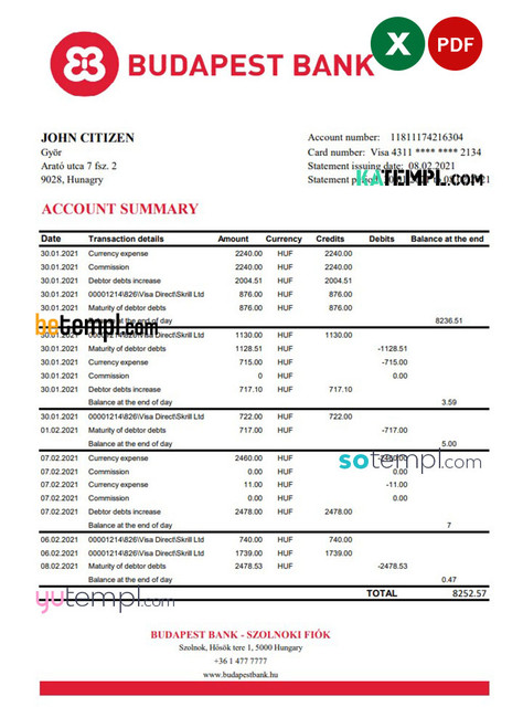 Hungary Budapest Bank - Szolnoki Fiók bank statement easy to fill template in .xls and .pdf file format