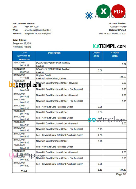 Iceland Arion Bank statement easy to fill template in .xls and .pdf file format