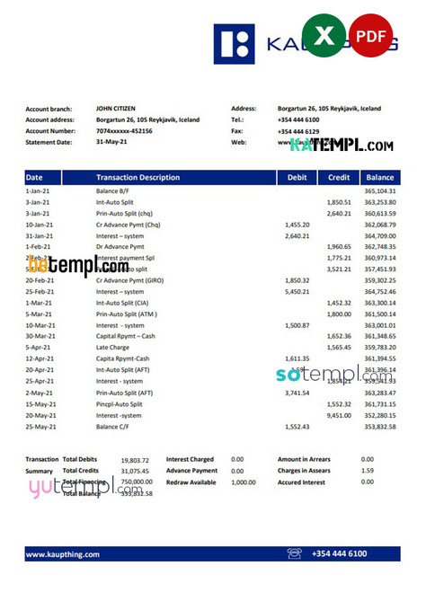 Iceland Kaupthing Bank statement easy to fill template in Excel and PDF format