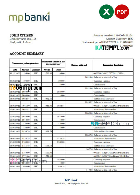 Iceland MP bank statement Excel and PDF template