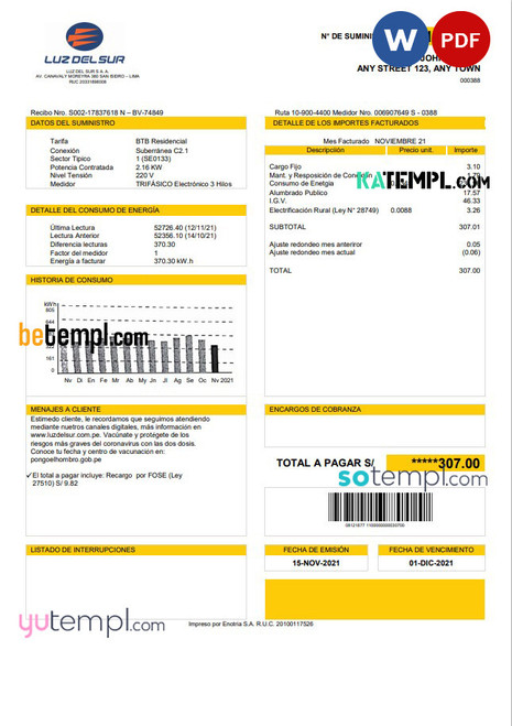 Peru Luz de Sur utility bill template in Word and PDF format, fully editable