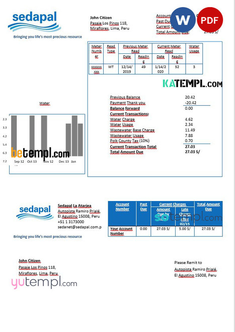 Peru Sedapal La Atarjea water utility bill template in Word and PDF format