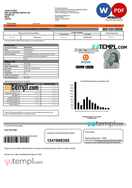 Philippines Meralco electricity utility bppill tempplate in Woprd and PDF formatp, version 2