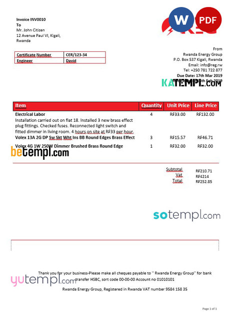 Rwanda Energy Group electricity utility bill template in Word and PDF format