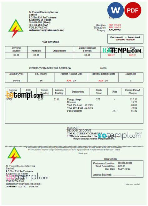 Saint Vincent and the Grenadines St. Vincent Electricity Services Limited utility bill Word and PDF template