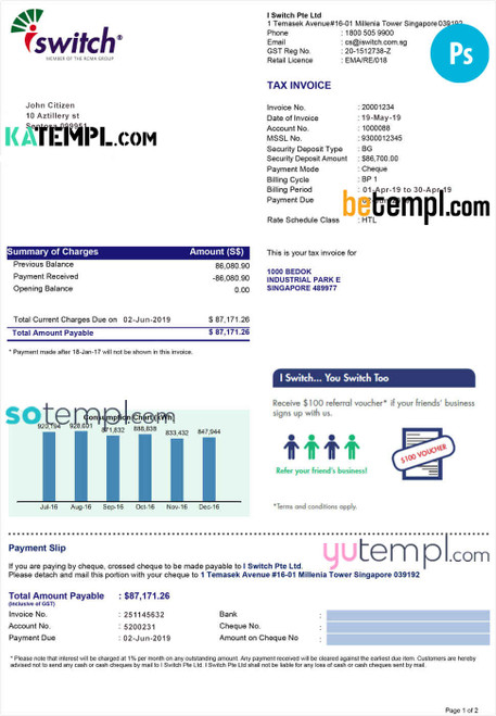 Singapore Iswitch energy utility bill template, fully editable in PSD format