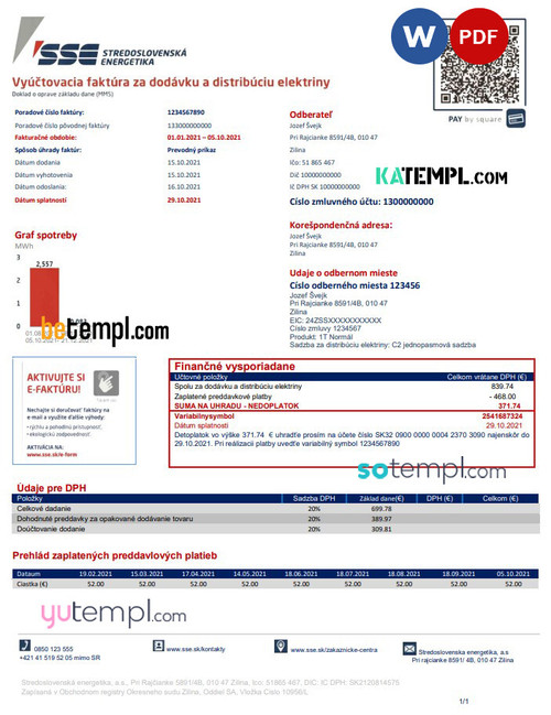 Slovakia Stredoslovenka Energetika utility bill template in Word and PDF format