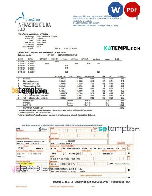 Slovenia Infrastruktura Bled utility bill template in Word and PDF format (.doc and .pdf)