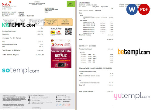 Sri Lanka Dialog utility bill template in Word and PDF format (2 pages)
