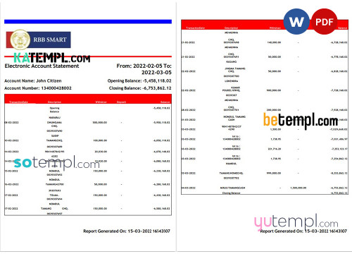 India RBB Smart bank statement, Word and PDF template, 2 pages