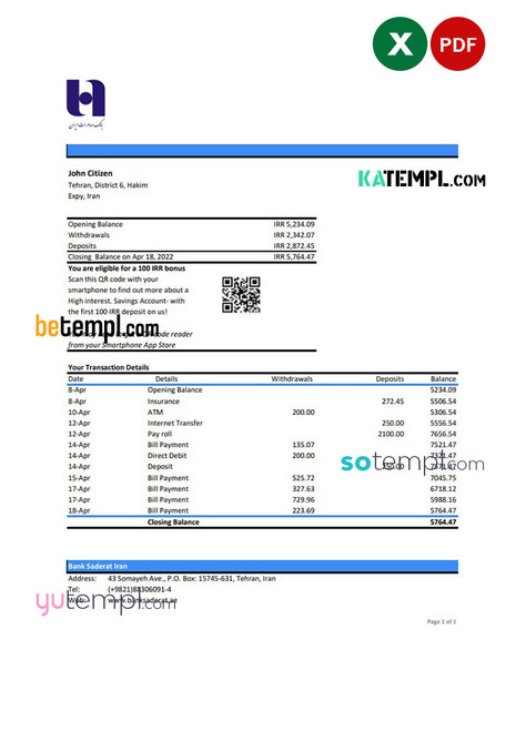Iran Bank Sederat Iran statement Excel and PDF template