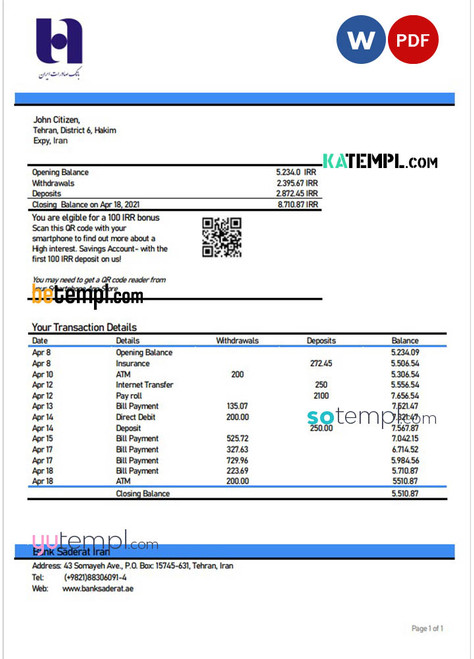 Iran Bank Sederet Iran proof of address bank statement template in Word and PDF format