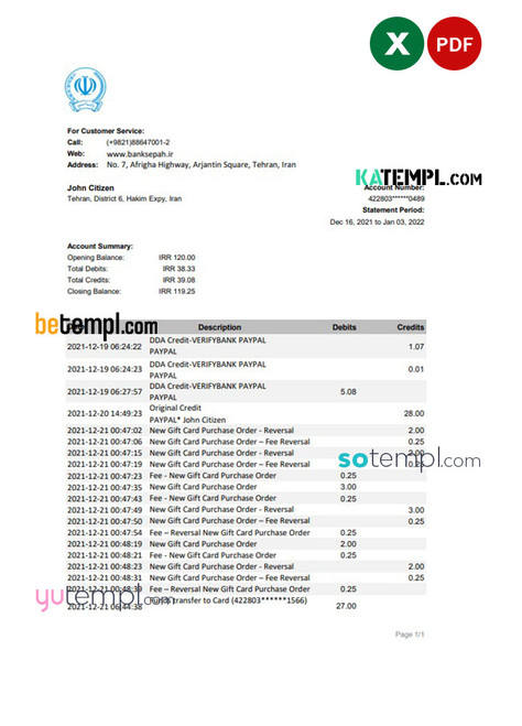 Iran Bank Sepah bank statement Excel and PDF template