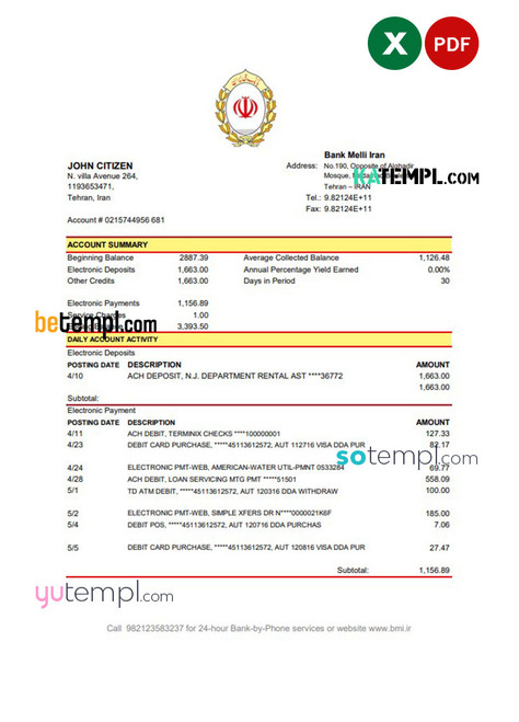 Iran Melli Bank statement template in .xls and .pdf file format